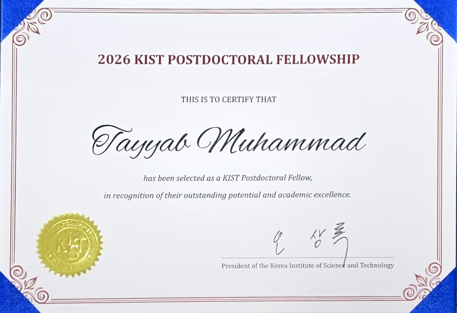2026 KIST Postdoctoral Fellowship certificate awarded to Tayyab Muhammad, signed by the President of KIST