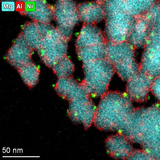 EDS elemental map of the Ni/MgO-Al2O3 catalyst