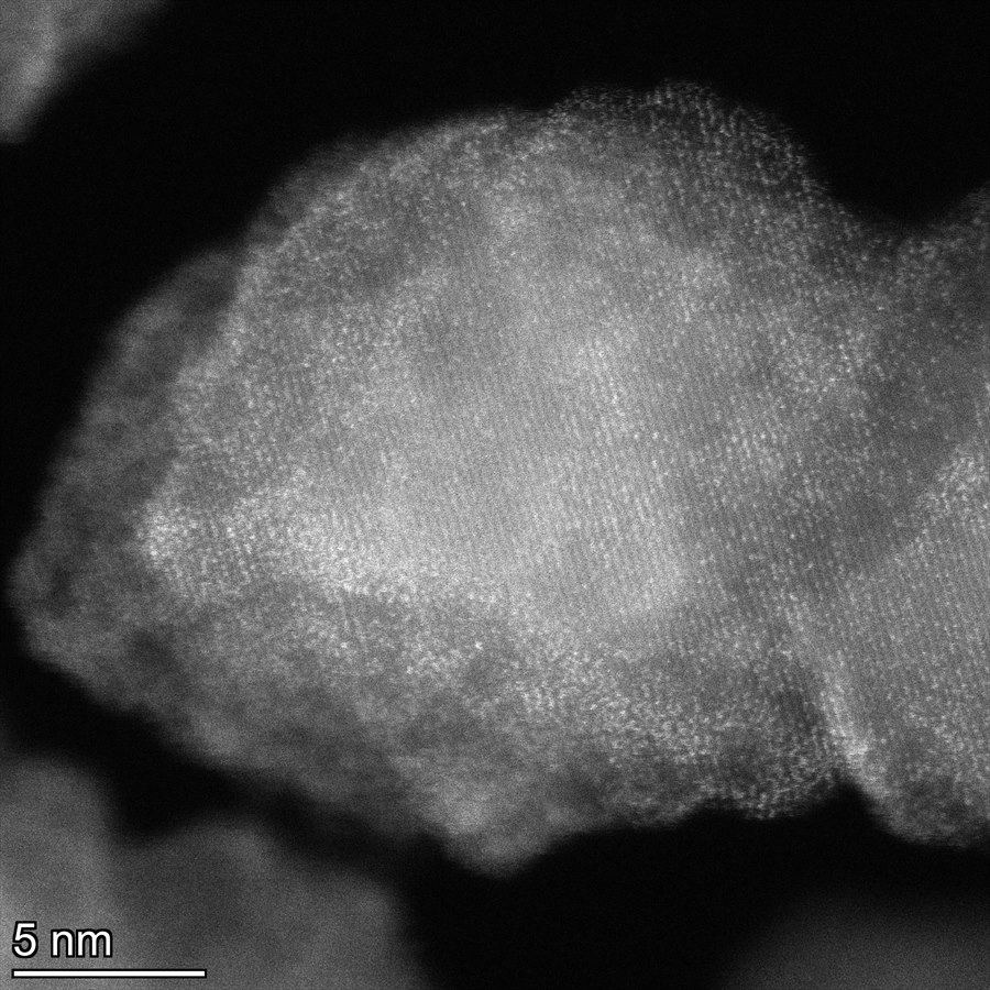 STEM image showing atomic clusters dispersed on the support