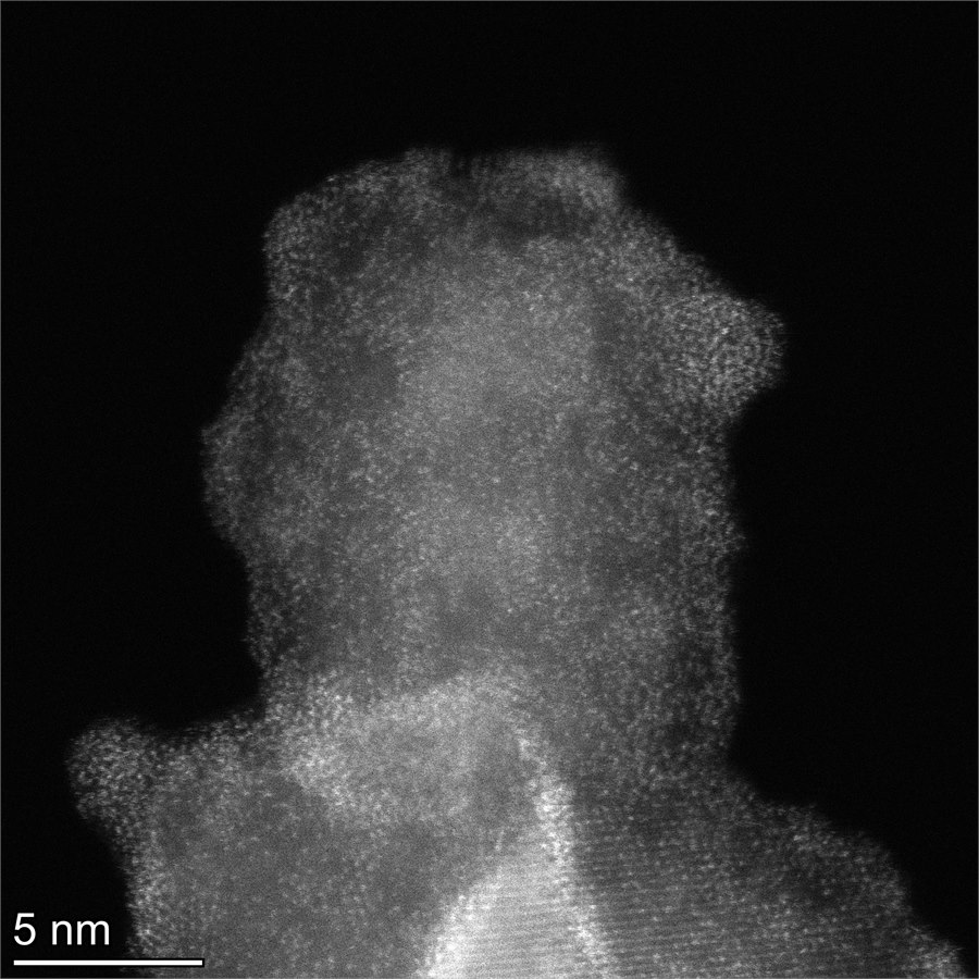 STEM image of Cu/ZrOx atomic clusters on MgO support