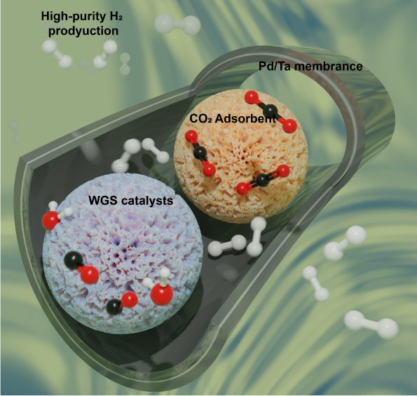 Integrated CO₂ adsorbent, WGS catalyst and Pd/Ta membrane for high-purity H₂ production